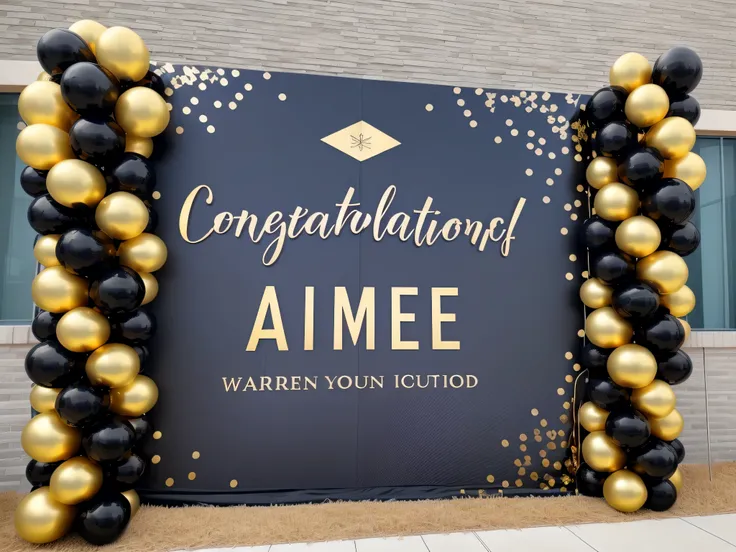 Width close up with balloons and graduation cap, aubrey, Gold and black color scheme, Width, Whitney Sherman, High decoration, black background!, cloth Width, Wearing a dark robe with gold embellishments, aubrey powell, author：by Byron Galvez, Stunning pro...