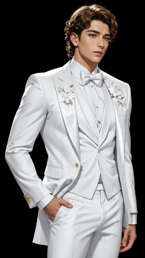 idol，fashion icon， handsome guy， curls， Idol， Special neckline， White floral embellishment， white suit, clear clothing design, Full body close-up, white pants, Full body shots in super detail，