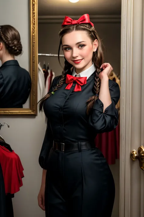 ((best quality)), ((masterpiece)), (detailed), perfect face a  with red bows in her hair, dieselpunk Volgograd, a sold-out event, in a blouse, in a tuxedo, long loose hair braided, theatrical dressing room, reportage photo, tomboy, happy and disarmed, tall...