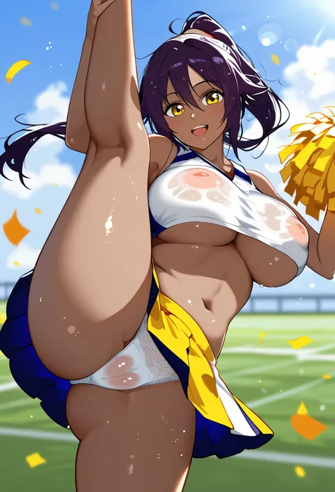 anime, 1girl, shihouin yoruichi, bleach, dark skin, solo, wet hair, messy hair, (smile, blush:1.2), open mouth, cheerleader, crop top, underboob, (miniskirt:1.1), white panties, lace panties, see-through, plump, breasts, covered nipples, (inverted nipples:...