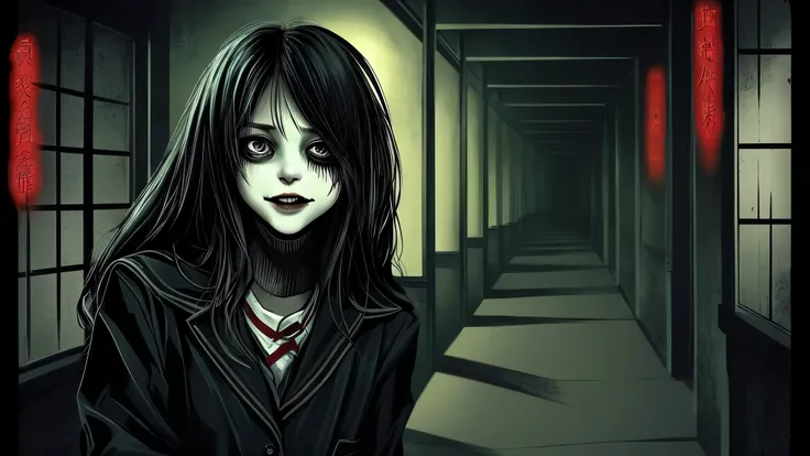 A girl in Japan, with beautiful detailed eyes and lips, laughing in a school setting. The medium is a creepy and dark illustration with a touch of insanity. The image quality is of the highest caliber, featuring ultra-detailed elements in a photorealistic ...