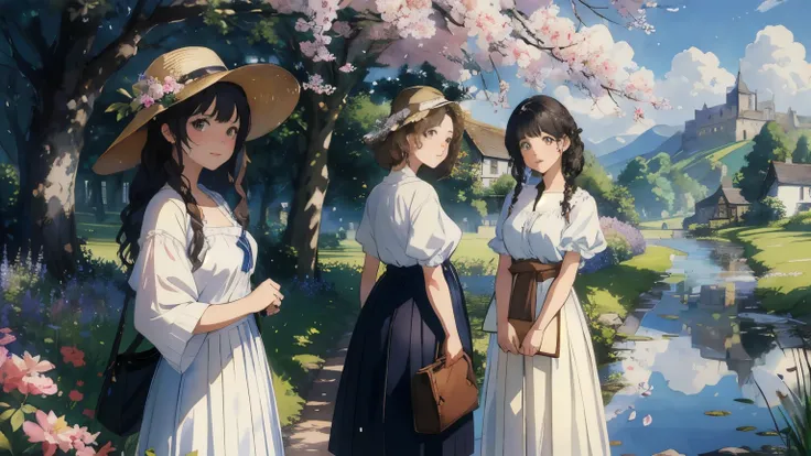 (highest quality、masterpiece、High resolution)、(Sargent style watercolor)、(anime art)、soft light、Views of the Cotswolds、old farmhouse、flowers bloom、((three women、everyone is standing))、(Detailed depiction of a beautiful face)、smile gently、medium short hair、...