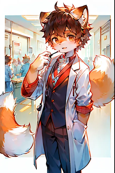 Panorama front view of a red panda wearing a white doctor&#39;s coat. A teenage boy of normal build and brown hair. Red panda pattern and fur color. Red panda pattern on face. Standing in the general practice clinic of a hospital with a stethoscope on his ...