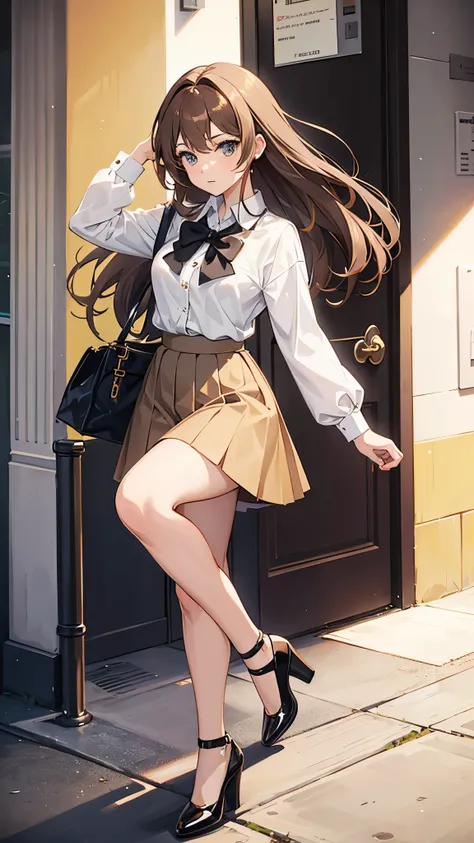 Anime woman with light brown hair wearing a skirt, a white collared shirt and high heels