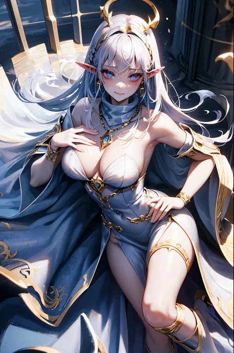 Idol style，Succubus，Inflatable Doll， Advanced art style，works of masters，16K，HD，Scary smile，silver hair，noble，Mink scarf，crutch，full-body shot，golden light，Advanced Cape，necklace，belt，blush，halo，Sexy figure，Lower chest display，Divine Light，Film light and s...