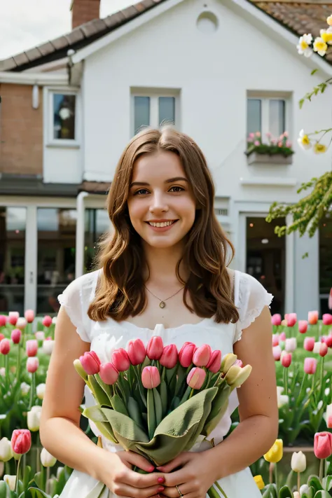 Happy, Freizeit, Portrait of a young woman between tulips, Spring, 4k, HD,