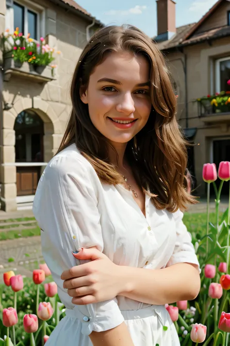 Happy, Freizeit, Portrait of a young woman between tulips, Spring, 4k, HD,