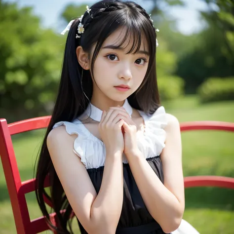 Best-quality, Masterpiece, Ultra-High-Resolution, (Photorealistic:1.4), Raw-Photo, 1girl, 12-years-old, the most famous Japanese idol, wearing long-dress with cute-design, ((extremely cute face like the most popular Japanese idol, extremely childish-face, ...