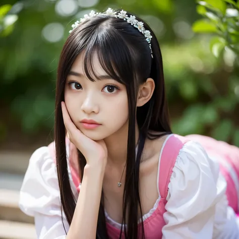 Best-quality, Masterpiece, Ultra-High-Resolution, (Photorealistic:1.4), Raw-Photo, 1girl, 12-years-old, the most famous Japanese idol, wearing long-dress with cute-design, ((extremely cute face like the most popular Japanese idol, extremely childish-face, ...