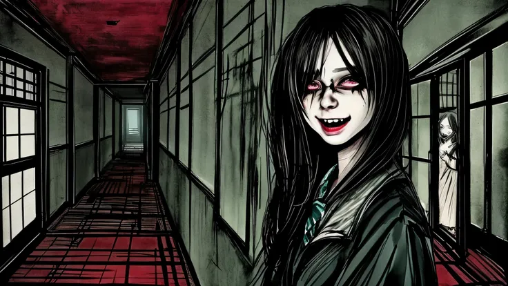 A girl laughing in a creepy Japanese school at late night, surrounded by darkness, with an abyss in the background. The scene depicts a sense of fear and insanity. The girl has beautiful detailed eyes, beautiful detailed lips, and an extremely detailed fac...