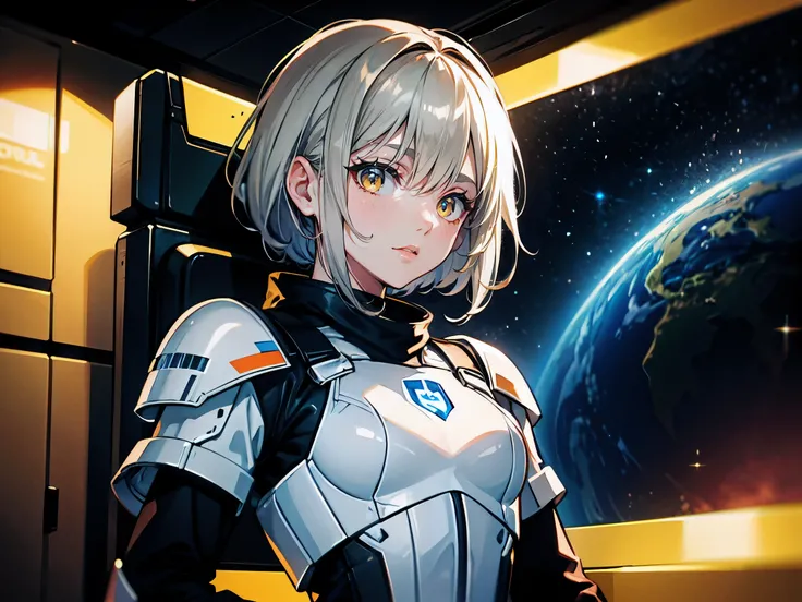 (masterpiece,best quality,ultra-detailed), CG, award winning, ccurate, UHD, textured skin, chromatic aberration, Fujicolor, 1 girl with lightsaber, in space ship, security guard, small breast, short, teen, grey hair, yellow eyes, wearing black armor, passi...