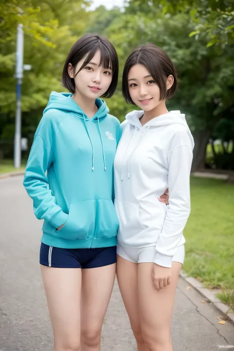 (2 girls, same height :1.2) ,Rear view, couple focus ,  15 years old,   japanese girl ,  (smile:0.7), stand next to each other ,  Upper body, Gym suit, white long sleeve hoodie, hood, school swimwear, , 美しいthighs,please reconsider, realistic butt crack, th...