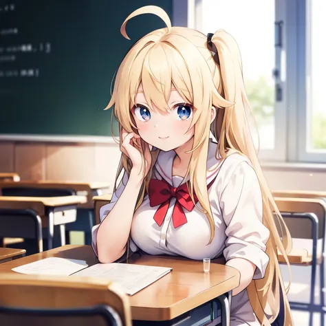 smile,big breasts、anime girl sitting at a desk with a book in front of her, beautiful anime high school girl, blonde anime girl with long hair, anime visual of a cute girl, a hyperrealistic , realistic , hyperrealistic , anime moe artstyle, school girl, an...