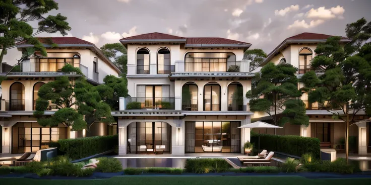 When design a MEDITERRANEAN EXTERIOR house, exterior design, (red roof:1.1), (roof tile:1.2), (indochine style:1.1), ((Iron with artistic patterns detail:1.3) designed to make railings, windows),(xingfa door), (curved arch:1.35), (white wall), (nigh light:...