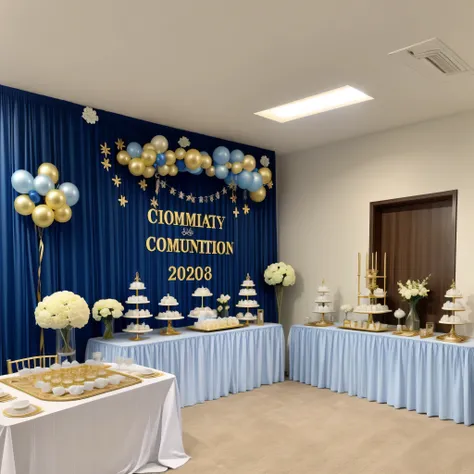 The table is filled with balloons，There is also a sign，It says &quot;Congratulations Matthew&quot;, blue theme with yellow accents, Blue and gold color scheme, High decoration, blue and theme, blue、white and gold, Colors available: gold and dark blue, Comm...