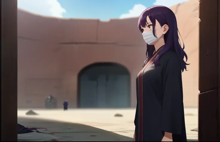 1 girl, hiding behind the wall, (high),whole body, adult girl, bright yellow eyes, loose hair, ((black robe to the floor)),((red face mask)),(Long purple hair) , Medium breasts, looks interested, check_9, check_8_up, check_7_up, check_6_up, anime,((Whole b...