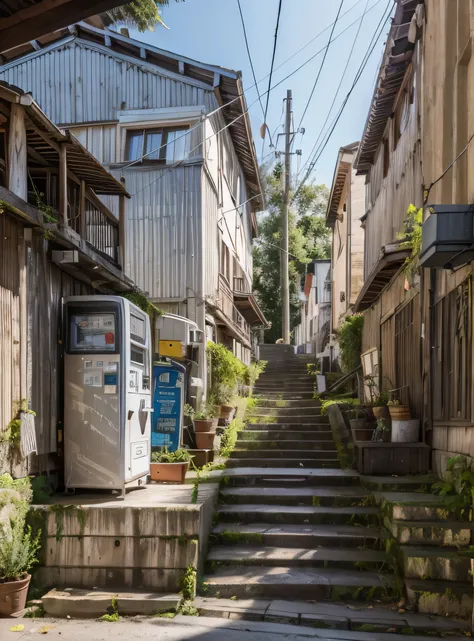 RAW photo, subject, 8k uhd, dslr, soft lighting, high quality, film grain, Fujifilm XT3, Realistic, Masterpiece, tree, An old small street, mossy stairs, old scenery, electric poles, faded old walls, vending machines, potted plants, antennas, clear blue sk...