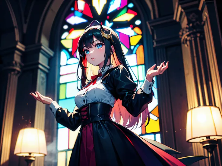 (masterpiece,best quality,ultra-detailed), CG, award winning, ccurate, UHD, textured skin, chromatic aberration, Fujicolor, 1 vampire princess, small breast, teen, young sister taste, red straight hair, blue eyes, wearing a vampire dress, fantagy, vampilis...