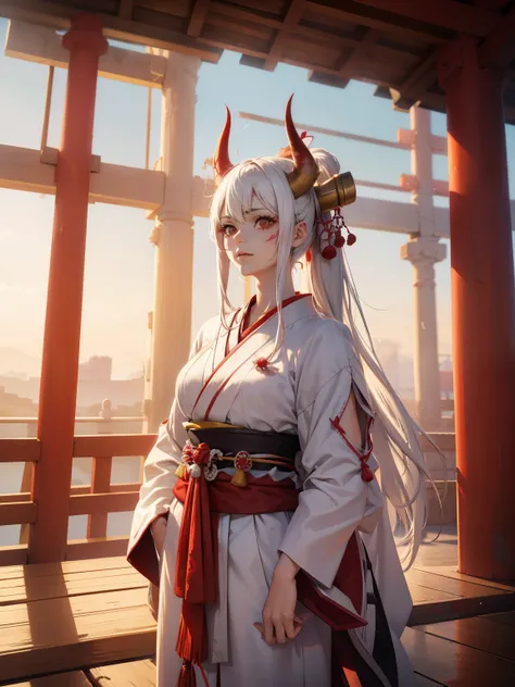 Woman with red horns on her head, in Japanese costume, Standing on the edge of the roof, with white hair, (intricate details:0.9), (HDR, hyper-detailing:1.2), (natural skin textures, hyper realisitc, soft light, Sharp)