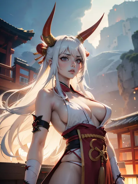 Woman with red horns on her head, sexy pose, spicy, hot,sexy,in Japanese costume, Standing on the edge of the roof, with white hair, (intricate details:0.9), (HDR, hyper-detailing:1.2), (natural skin textures, hyper realisitc, soft light, Sharp)