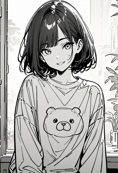 line drawing，漫画line drawing，黑白line drawing，black and white，girl，short hair，qi bangs，bear pattern sweatshirt，smile，bust，clear and...