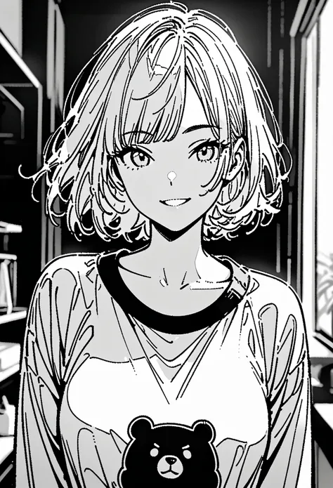 line drawing，漫画line drawing，黑白line drawing，black and white，girl，short hair，qi bangs，bear pattern sweatshirt，smile，bust，clear and...