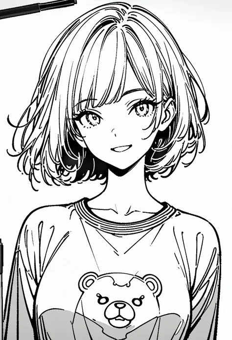 line drawing，漫画line drawing，黑白line drawing，black and white，girl，short hair，qi bangs，bear pattern sweatshirt，smile，bust，clear and...