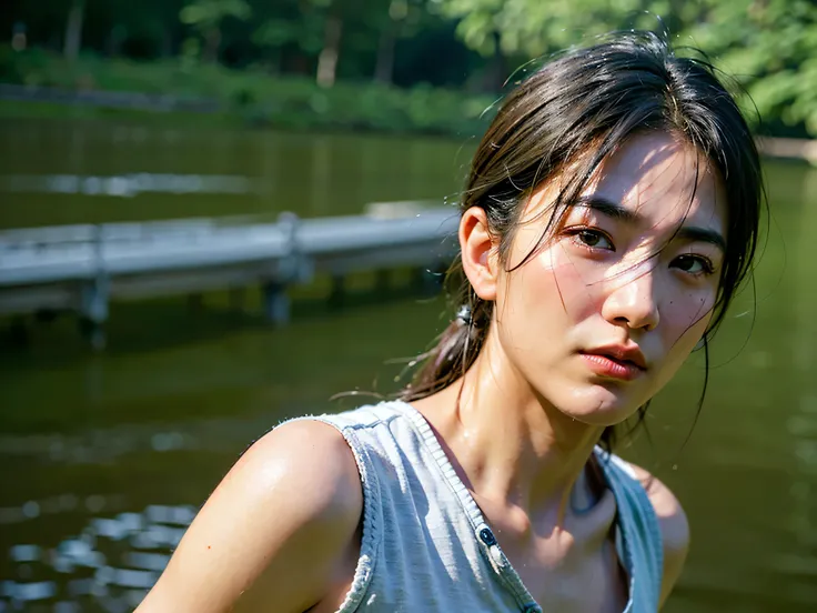 (realistic,photorealistic:1.37), portraits, outdoor, Chinese young man, 40 years old, standing by the river, holding a fishing rod, sweat on his face, detailed face and expression, cohesive composition, unified color tones