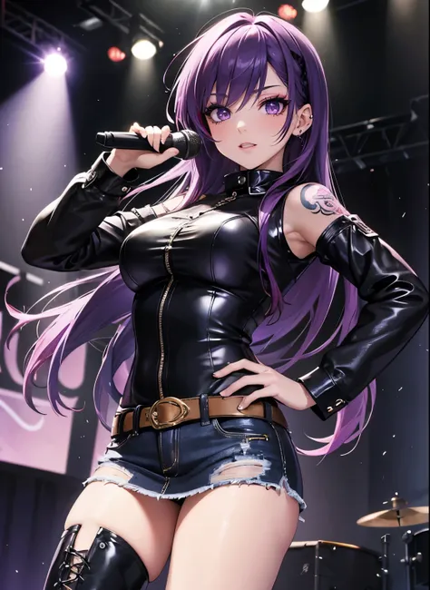 (masterpiece, best quality), sexy pose, spicy, hot,sexy,1 girl, solo, purple hair, long hair, streaked hair, purple eyes, long eyelashes punkblack leather shirt, denim skirt, black leather boots, ear piercing, tattoo, concert, stage, stage lights, singing,...