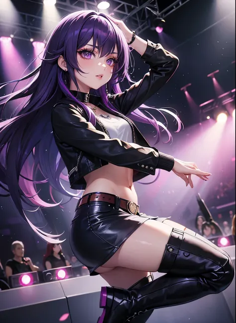 (masterpiece, best quality), sexy pose, spicy, hot,sexy,1 girl, solo, purple hair, long hair, streaked hair, purple eyes, long eyelashes punkblack leather shirt, denim skirt, black leather boots, ear piercing, tattoo, concert, stage, stage lights, singing,...