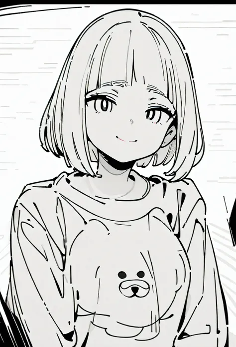 Comic Line Art，black and white line drawing，Black and White，girl，short hair，Qi bangs，Bear pattern sweatshirt，Smile，bust，Clear and smooth lines，8k，masterpiece