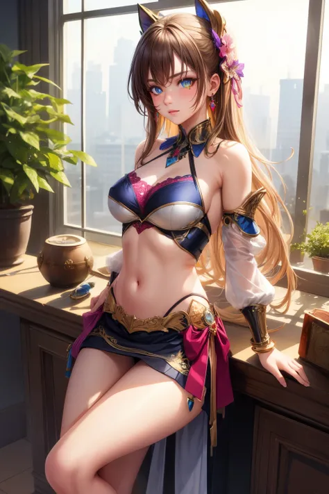 (eye color: 1.5), color ribbons,sexy pose, spicy, hot,sexy, bows, long hair, color hair, BREAK bracelets, bare shoulders, bikini armor, bracelets, collars, detached sleeves, dresses, earrings, florals, jewelry, metal collars , miniskirt, hip curtain, COLOR...