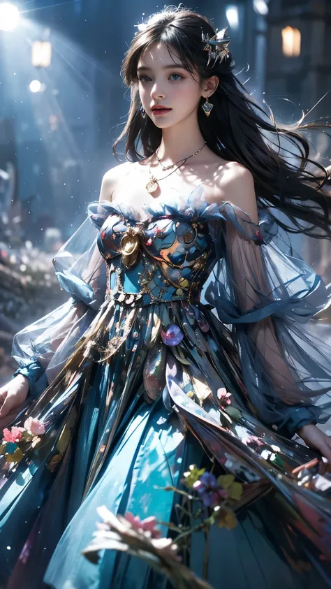 8K, ultra hd, masterpiece, 1 girl, (good face:1.4), detailed eyes, very long hair, impressive hairstyle, earings, necklace, small breasts, (blue outfit:1.5), see-through, tulle dress, (fantasy outfit:1.5) Light-colored foundation brings out the transparenc...