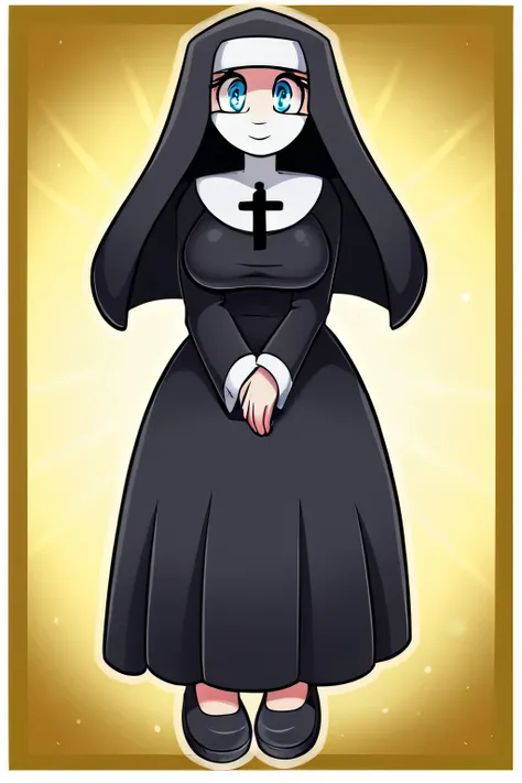 A nun girl, tall, medium-sized, big chest, yellow messy hair, shines long, her blue eye, long black nun dress, and wears head. Parts of her outfit are covered with blue stripe lines, shines, and wears shiny black shoes. 