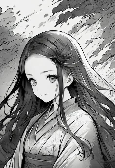 ((line art:black and white)),1 girl, female focus, nezuko, lively, beautiful, painterly, be familiar with, texture, artistic,int...