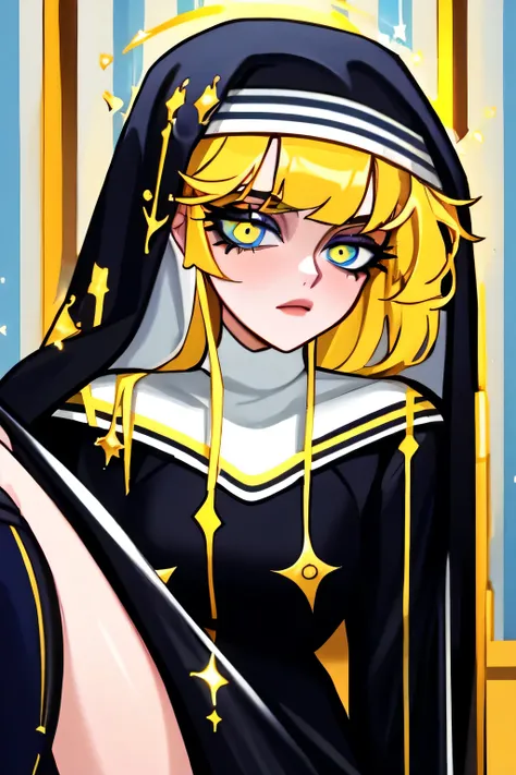 A nun girl, tall, medium-sized, big chest, yellow messy hair, shines long, her blue eye, long black nun dress, and wears head. Parts of her outfit are covered with blue stripe lines, shines, and wears shiny black shoes. 