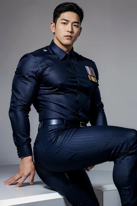 40-year-old boy ,korean bulky male officer ,wear navy blue police uniform shirt................ pinstripe navy blue smooth tight...