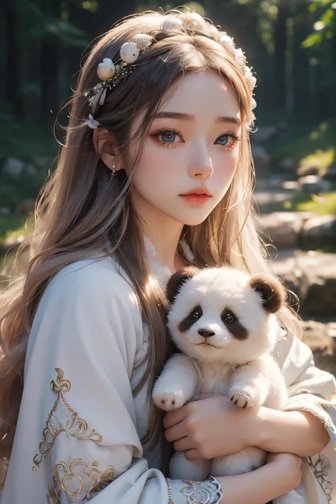 1 girl, Beautiful woman holding a cute fur doll, Exquisite eyes,beautiful and delicate lips,very detailed 눈과 얼굴,long eyelashes, white hippie hair, enchanted scenery,(best quality,4K,8 thousand,high resolution,masterpiece:1.2),very detailed,(realistic,reali...