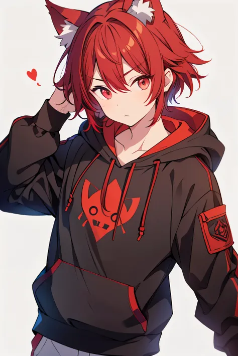 A boy with red hair, wolf ears, an open hoodie and black and red heterochromatic eyes