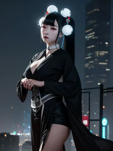 arafed woman in a black dress with a white face and black hair, cyberpunk geisha, by Yang J, artwork in the style of guweiz, jingna zhang, by Zhou Fang, by Li Song, cinematic goddess shot, hone onna skeleton geisha, guweiz, by Russell Dongjun Lu, takato yo...