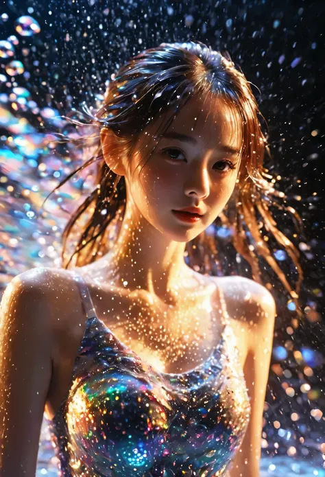 1girl，beautiful，blingbling，motion blurred，water droplets，movie-level lighting effects