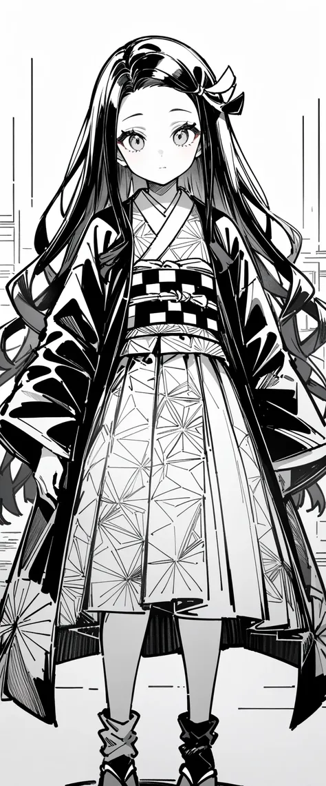 1 girl, female focus, nezuko,demon slayer, ((line art:black and white)),zentangle elements,rendering,intricate details,highestの構...