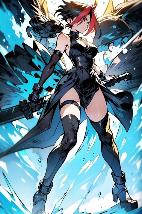 gorgeous woman, holding a giant swordon her shoulder, perfect face, ultra long hair, standing, ultra detailed face, kunoichi, perfect giant sword, heavy sword, huge sword, fullbody shot