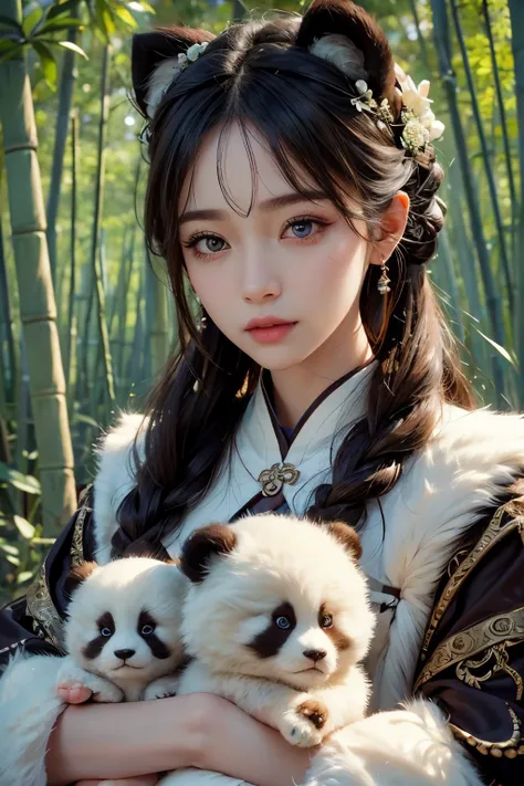 1 girl, Beautiful woman holding a cute fur doll, Exquisite eyes,beautiful and delicate lips,very detailed 눈과 얼굴,long eyelashes, permed, enchanted scenery,(best quality,4K,8 thousand,high resolution,masterpiece:1.2),very detailed,(realistic,realistic,realis...