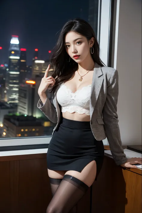 in the office，a young beautiful lady，Wear professional attire，gray blazer，Lace bandeau underwear，slit covered skirt。Bigger and wider hips，thin waist，The upper body rounder，full，Super in shape。Dressed up with jewelry，necklace，earrings，watch，High heel，black ...