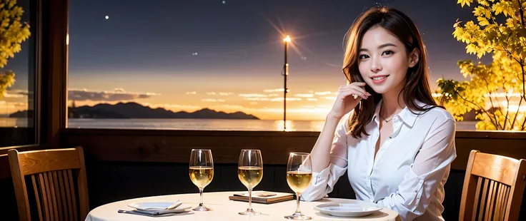 (K UHD, nffsw, top quality, table top: 1.2), (realistic, realistic: 1.37), Spectacular view of the sunset sky and clouds、Amazing mountain views、A bright smile、A lovely woman with a smile、The woman&#39;s face is bright、fox face、lady、Wine Party、hors doeuvre、...