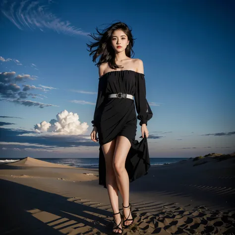 highest quality, masterpiece, ultra high resolution, (realistic:1.4), Raw photo, 1 girl, beautiful face、off shoulder, in the dark, deep shadow, discreet key, cold light, Where you can see the Telis cloud,dunes、Autumn clouds、Woman in Black Dress、High heels ...