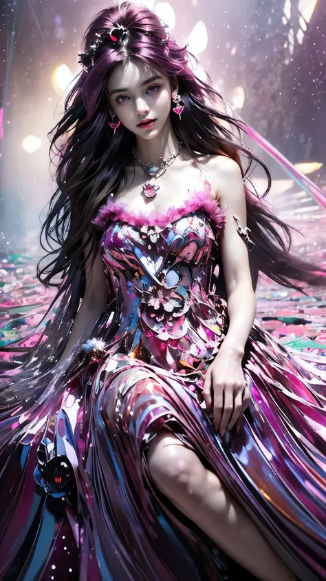 8K, ultra hd, masterpiece, 1 girl, (good face:1.4), detailed eyes, very long hair, impressive hairstyle, earings, necklace, small breasts, (magenta dress:1.5), (fantasy dress:1.5) Light-colored foundation brings out the transparency of the skin, (in the wo...