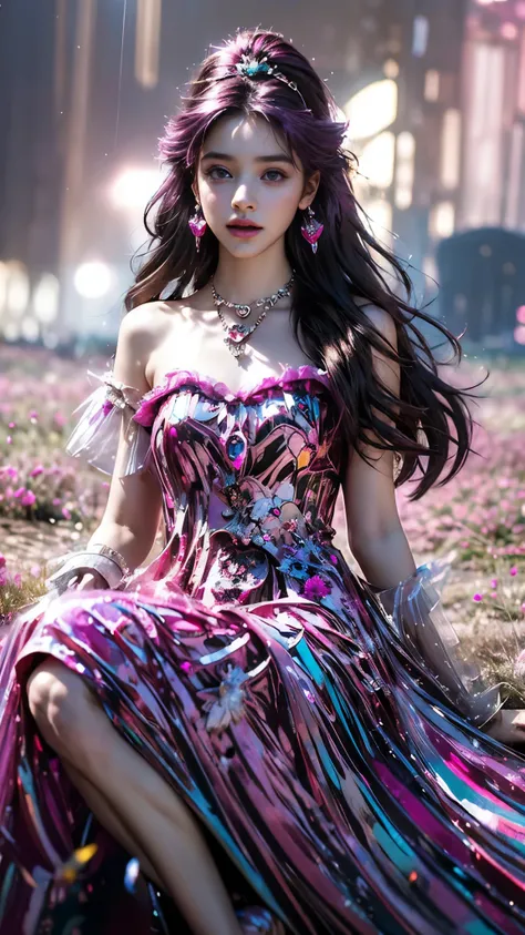 8K, ultra hd, masterpiece, 1 girl, (good face:1.4), detailed eyes, very long hair, impressive hairstyle, earings, necklace, small breasts, (magenta dress:1.5), (fantasy dress:1.5) Light-colored foundation brings out the transparency of the skin, (in the wo...