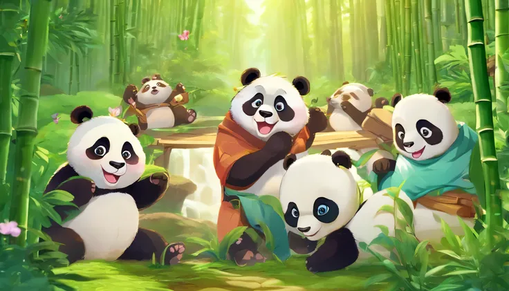 (best quality,4k,8k,highres,masterpiece:1.2),ultra-detailed,(realistic,photorealistic,photo-realistic:1.37),Cute panda style meme cover photo,bamboo green background (best quality,4k,8k,highres,masterpiece:1.2),medium:illustration,playful pandas,adorable c...